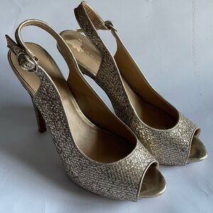 Aldo Women's Sparkling Gold glitter Slingback Heels platform peep toe 5” heel